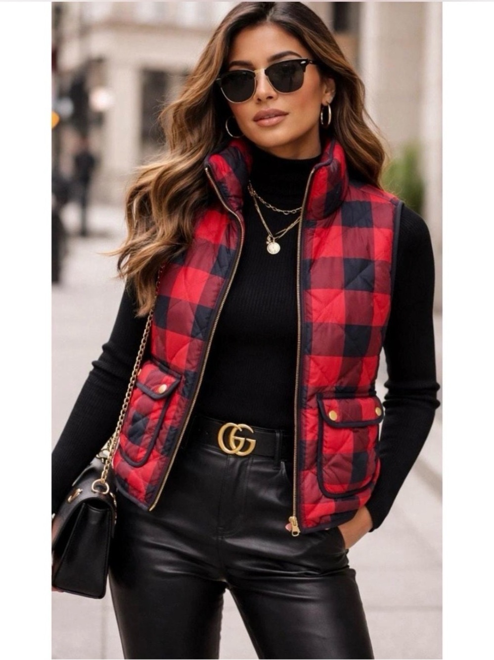 J. Crew Red and Navy Buffalo Plaid Quilted Vest Gold Buttons Zipper, Size S
